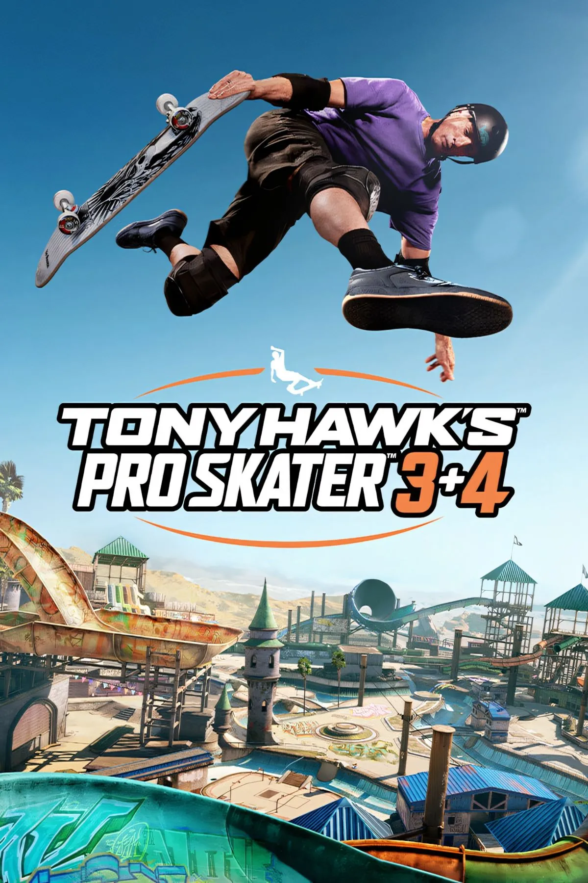 Ảnh bìa chính thức của game Tony Hawk's Pro Skater 3 + 4, tái hiện hình ảnh trượt ván đặc trưng