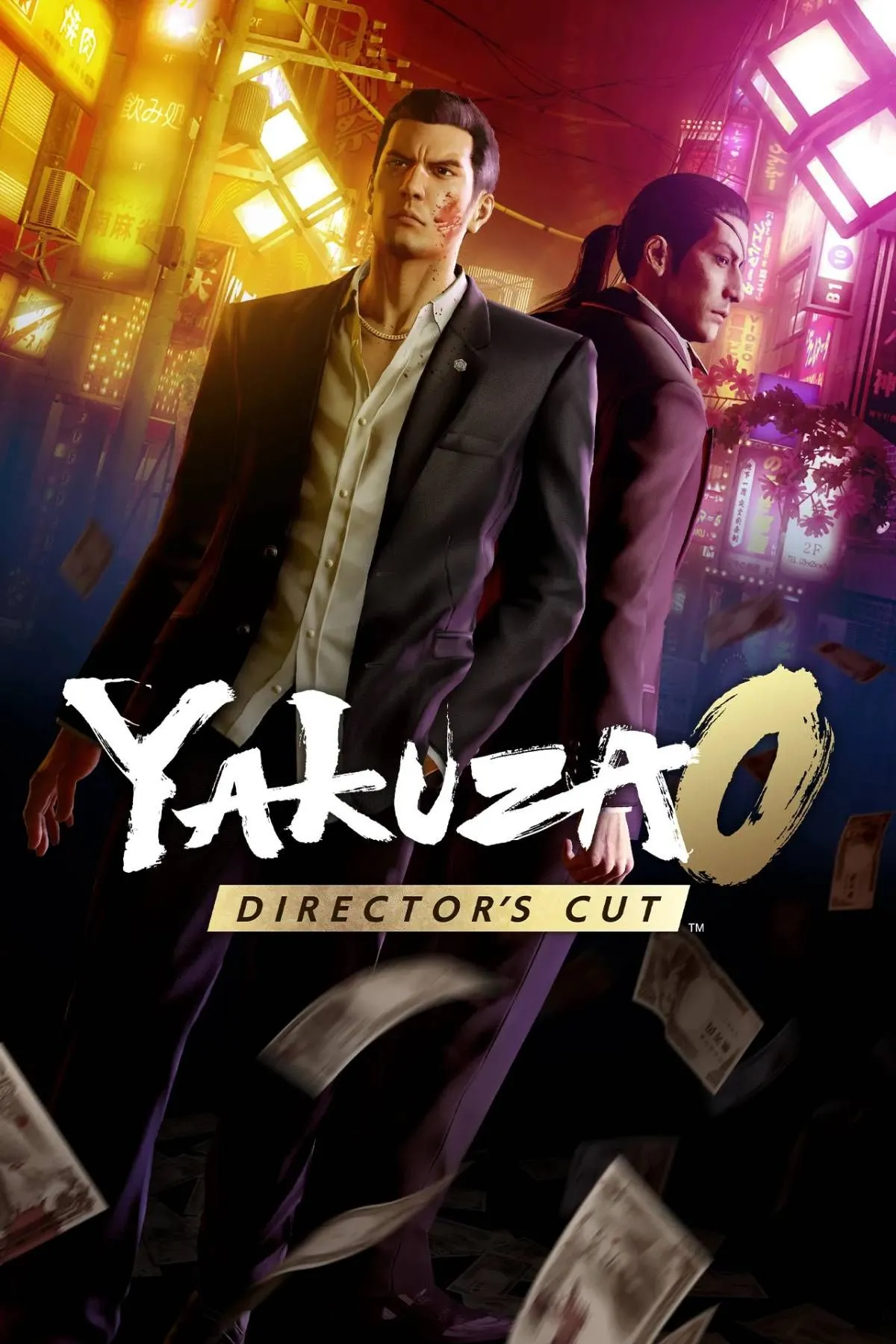 Ảnh bìa chính thức của game Yakuza 0 Director's Cut, với Kazuma Kiryu và Goro Majima, thể hiện không khí hành động căng thẳng của thế giới ngầm Nhật Bản.