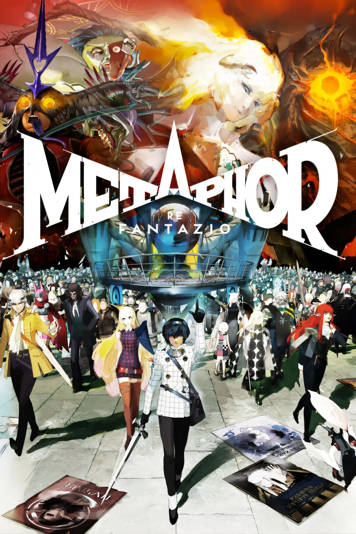 Ảnh bìa game Metaphor ReFantazio với các nhân vật chính và phong cách nghệ thuật độc đáo