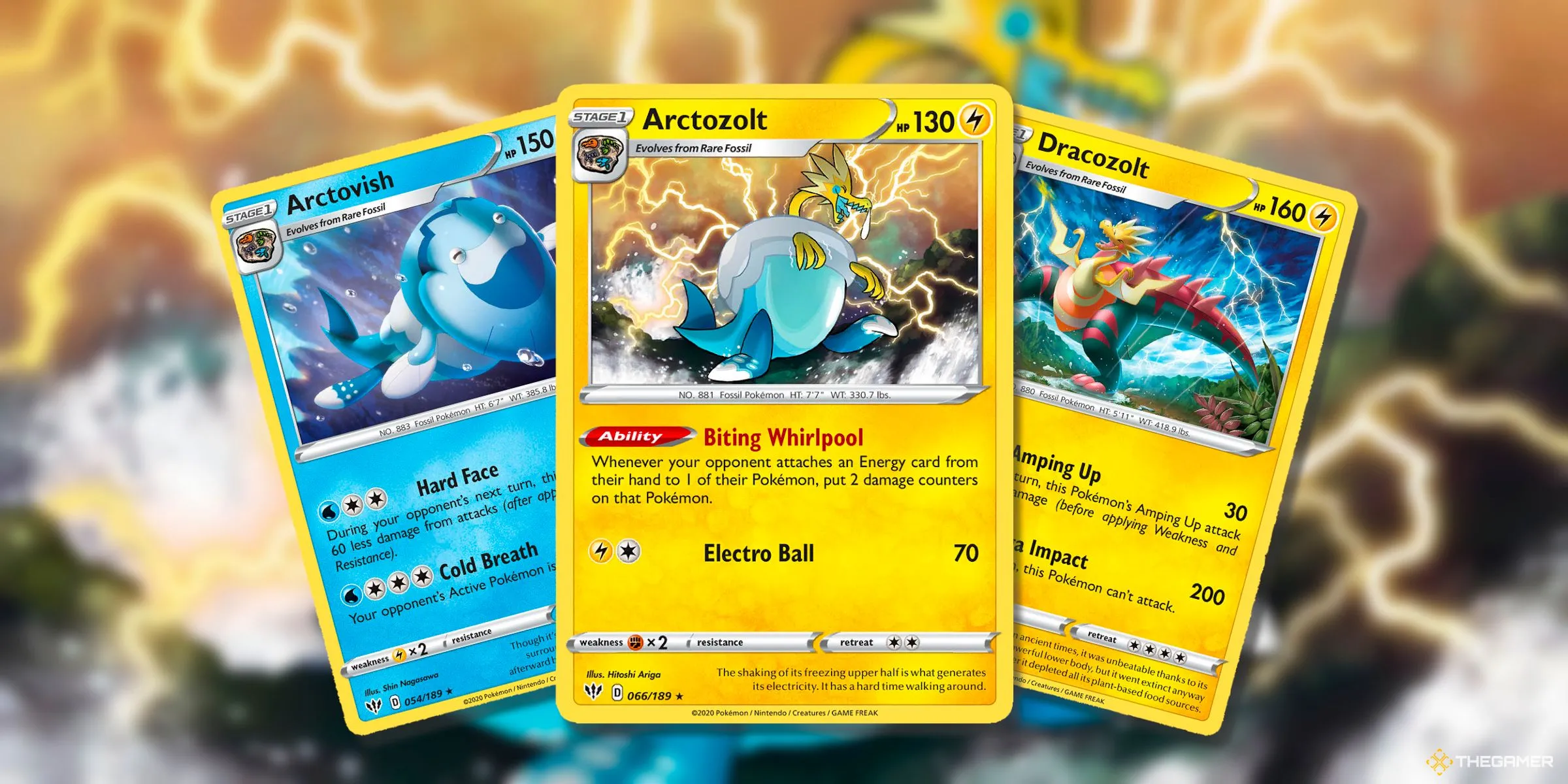 Arctovish, Arctozolt và Dracozolt, các Pokemon Hóa thạch Galar với thiết kế độc đáo trên thẻ bài TCG.