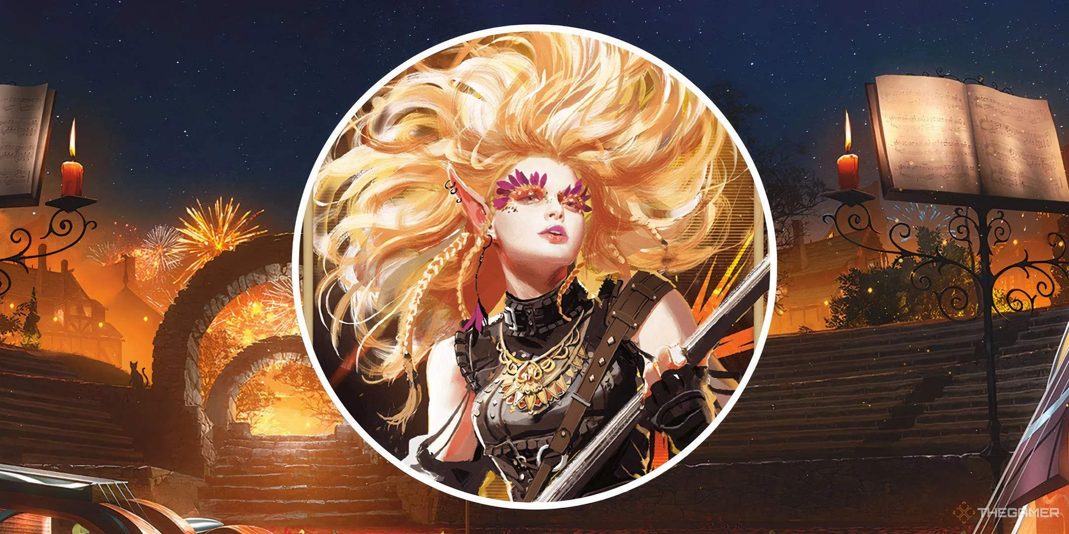Bard trường phái Glamour trình diễn tại một giảng đường trong D&D, minh họa về các năng lực cấp 20
