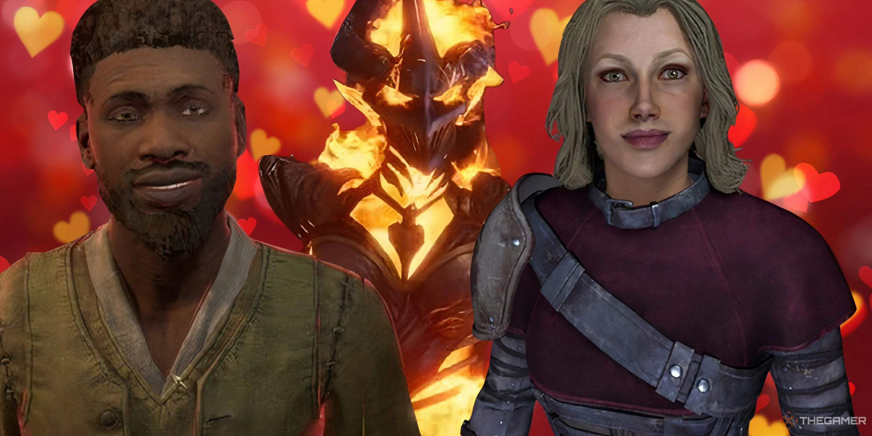 Baurus, Antoinetta Marie, và một Flame Atronach từ Oblivion Remastered trên nền trái tim.