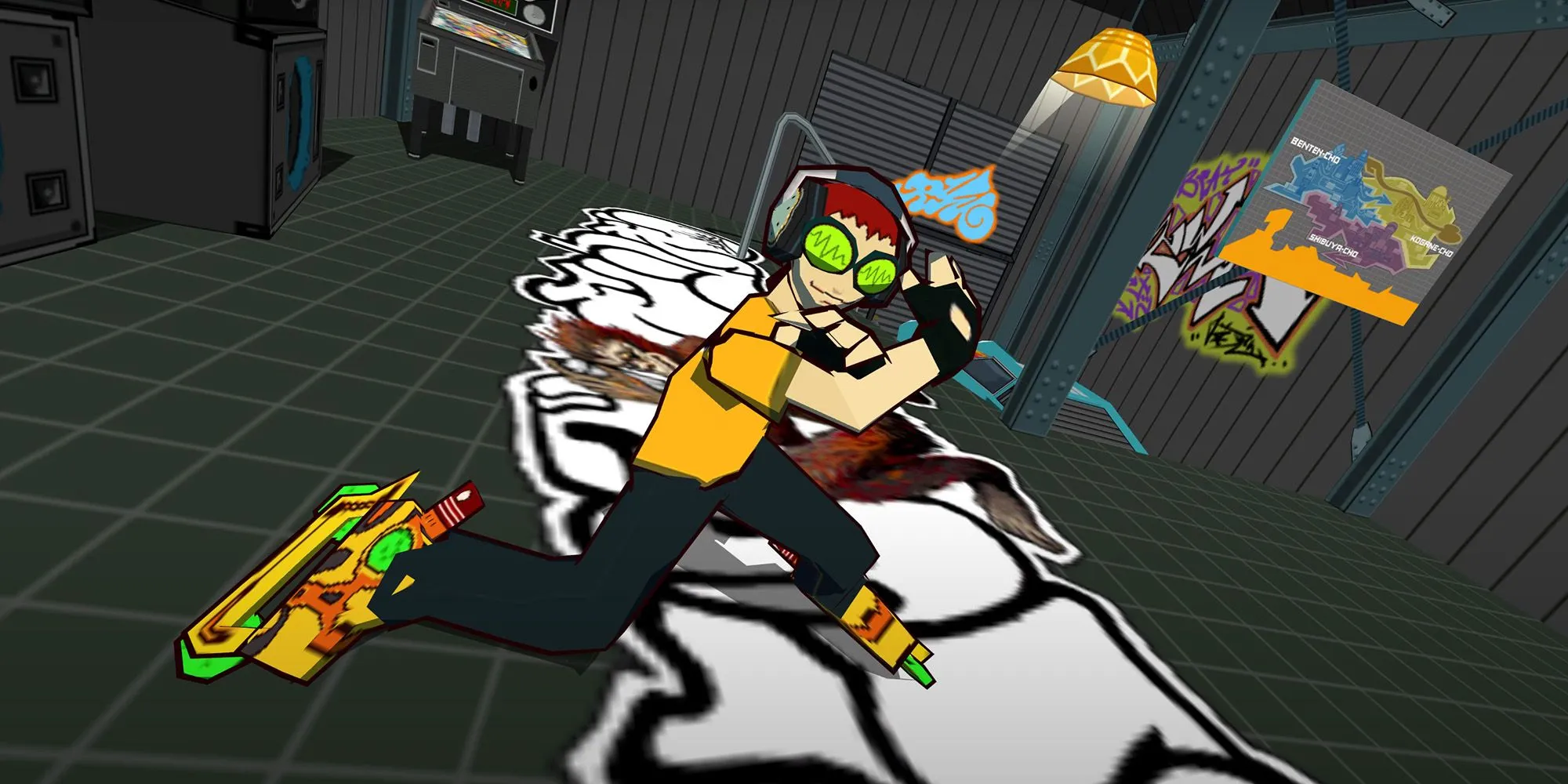 Beat của Jet Grind Radio (Jet Set Radio) tạo dáng trên giày trượt patin, thể hiện phong cách đường phố đặc trưng của game.