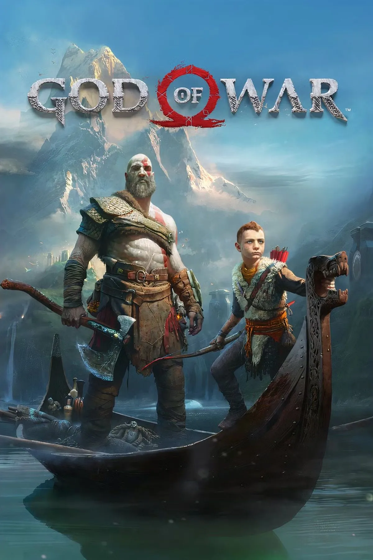 Bìa game God of War (2018) với Kratos và Atreus trên thuyền, tượng trưng cho hành trình đầy thử thách và bí ẩn của hai cha con.