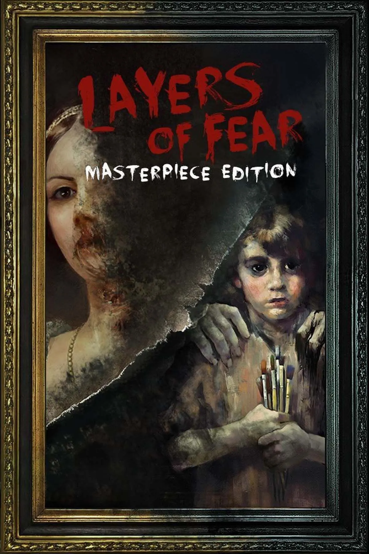 Bìa game Layers of Fear, thể hiện không gian kinh dị và ám ảnh trong ngôi dinh thự của người họa sĩ, với các chi tiết tranh vẽ và hiệu ứng thị giác.