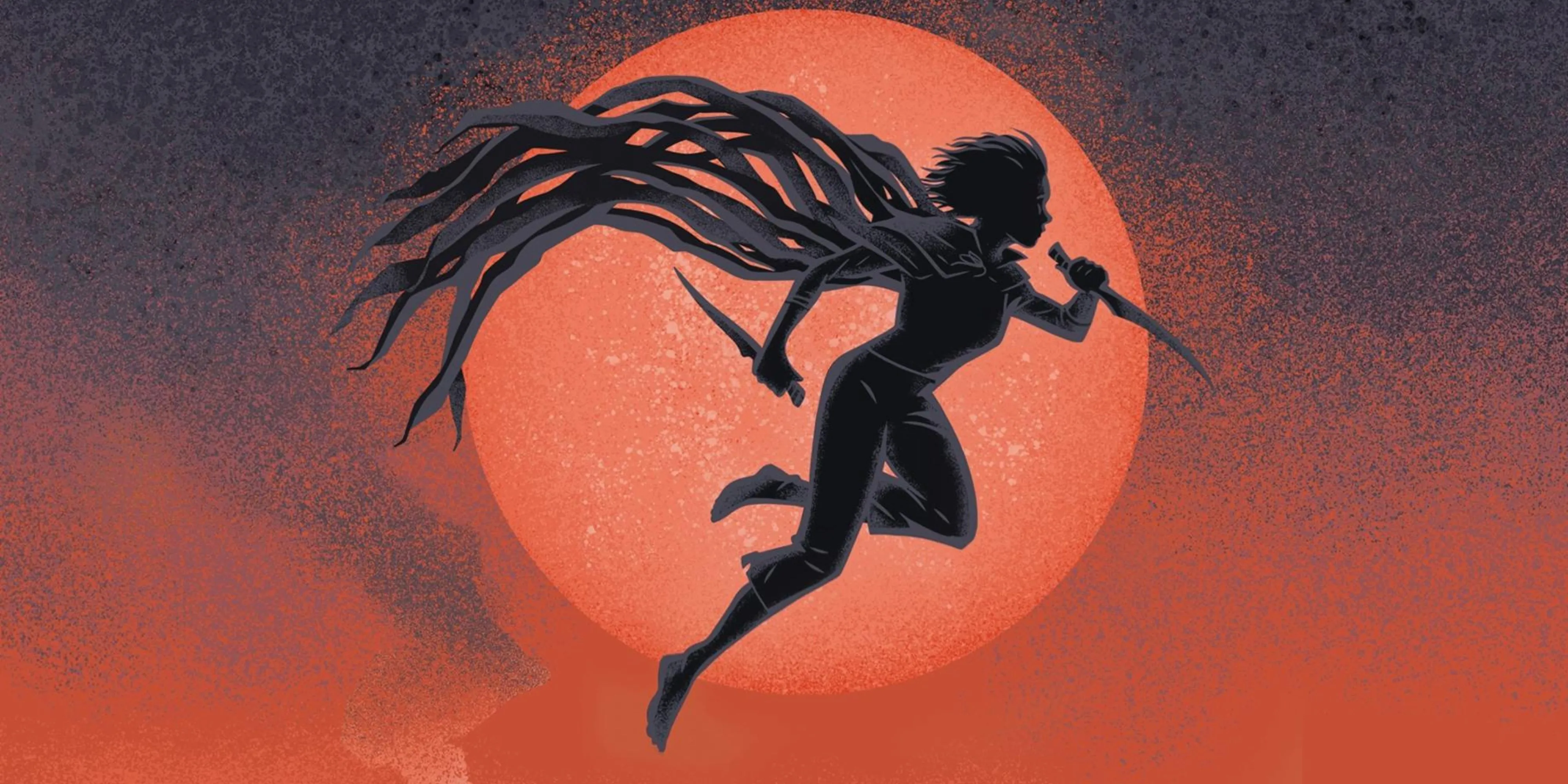 Bìa tiểu thuyết Mistborn với nhân vật Vin bay lượn trước mặt trời đỏ rực