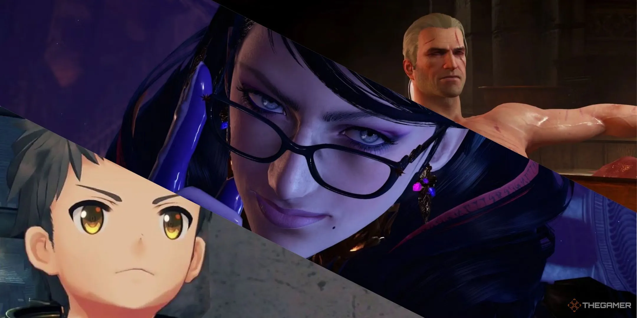 Bộ ba nhân vật Rex (Xenoblade Chronicles 2), Bayonetta (Bayonetta 3) và Geralt (The Witcher 3) thể hiện đồ họa cải thiện trên Nintendo Switch 2.