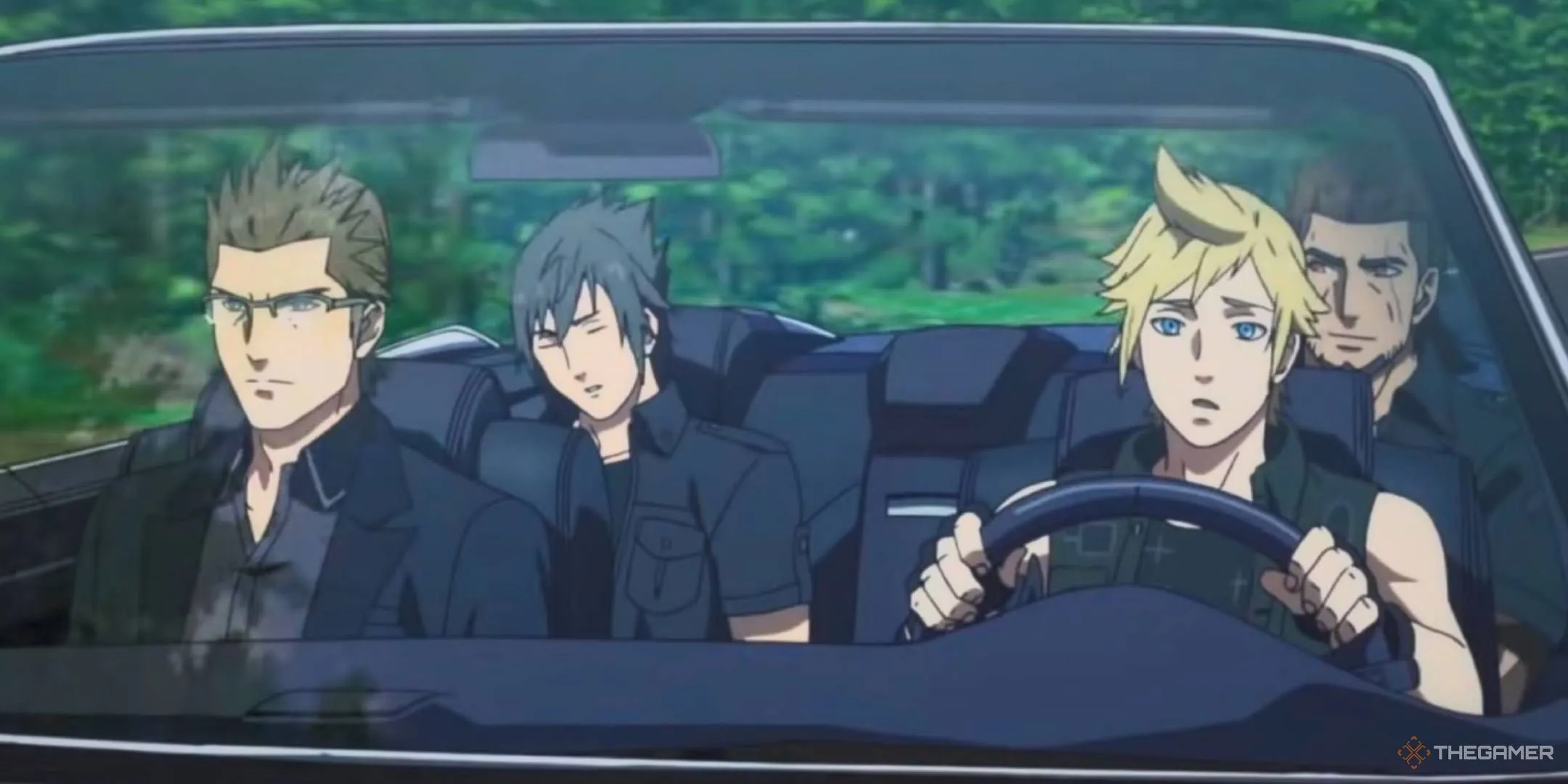 Bộ tứ Noctis, Ignis, Gladio và Prompto lái xe Regalia qua khu rừng trong Final Fantasy XV Brotherhood, minh họa cho một thế giới game rộng lớn.