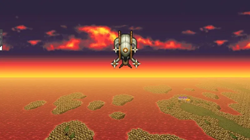 Bối cảnh World of Ruin trong Final Fantasy VI, nơi chiếc phi thuyền Falcon mang lại hy vọng và tự do cho các nhân vật.