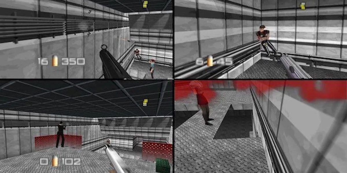 Bốn người chơi đang chơi chế độ nhiều người chơi trong Goldeneye 007.