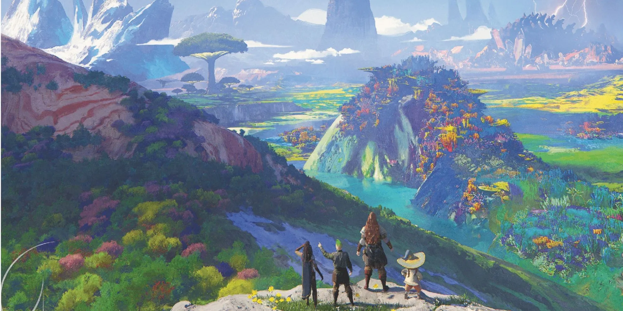 Bốn nhà thám hiểm nhìn ra từ Outlands trong Planescape, hình ảnh đặc trưng cho chiến dịch du hành đa vũ trụ D&amp;D.