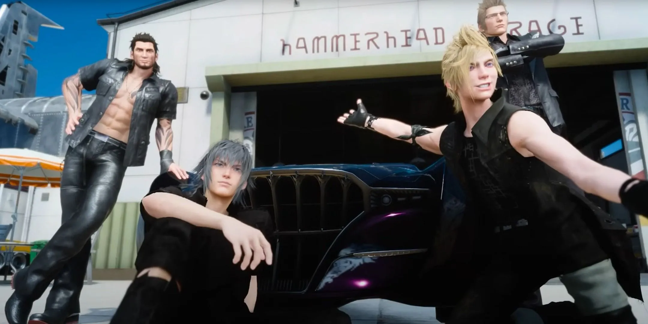 Bốn nhân vật chính Noctis, Ignis, Gladiolus và Prompto chụp ảnh trong Final Fantasy 15, đại diện cho hành trình phiêu lưu và tình bạn trong game RPG