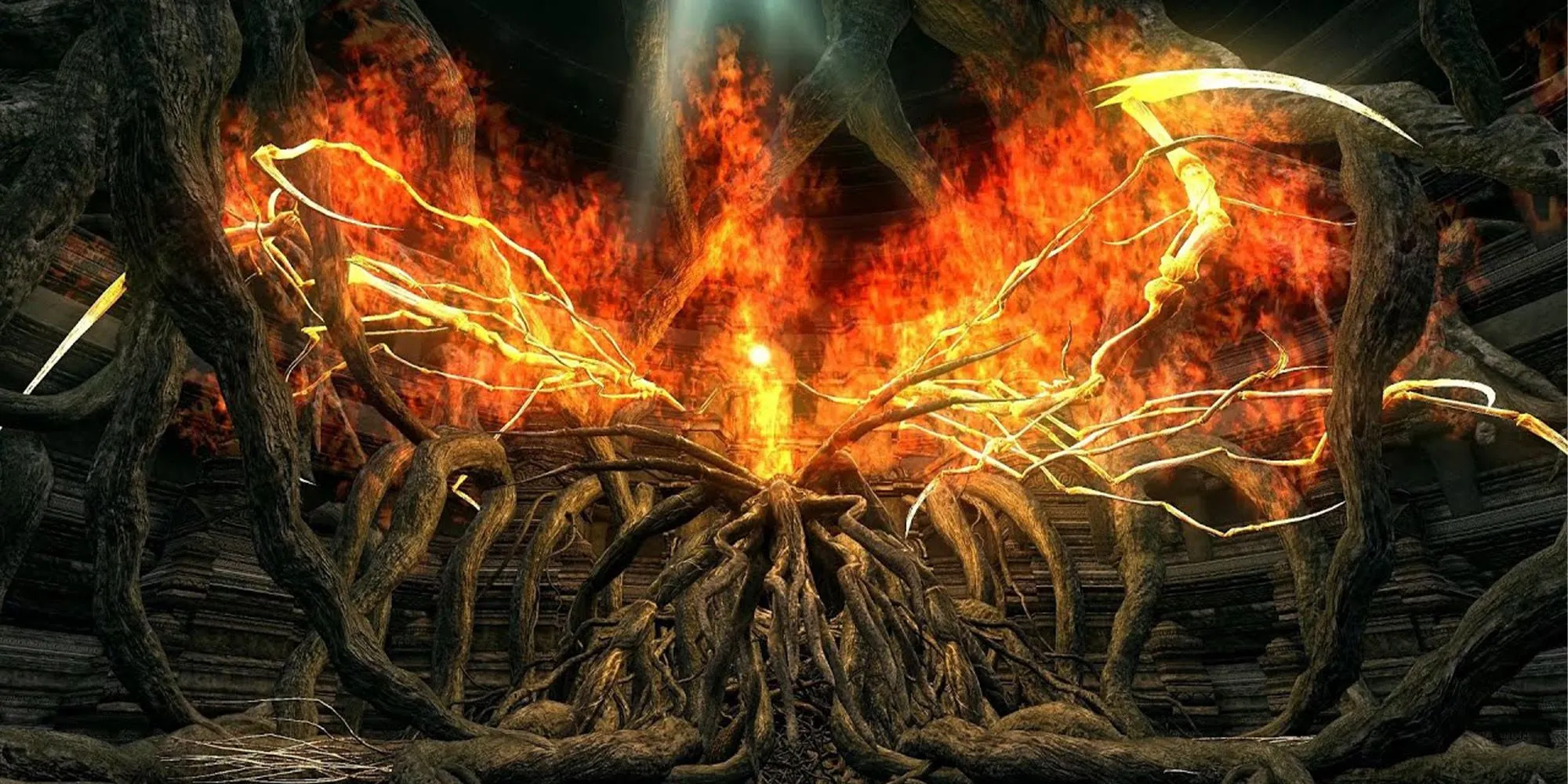 Boss Bed of Chaos ẩn mình trong lòng rễ cây và dung nham, gây ức chế cho game thủ Dark Souls.