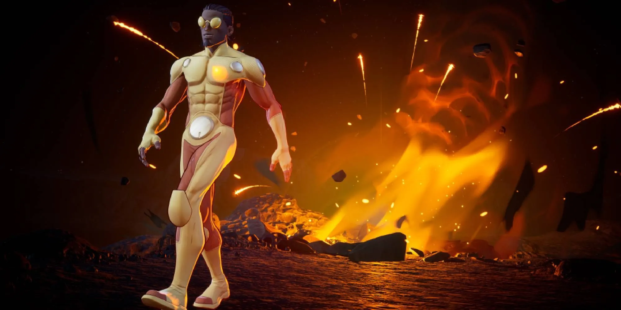 Bulletproof tự tin bước đi giữa vụ nổ trong game Invincible Vs, thể hiện sức mạnh của nhân vật.