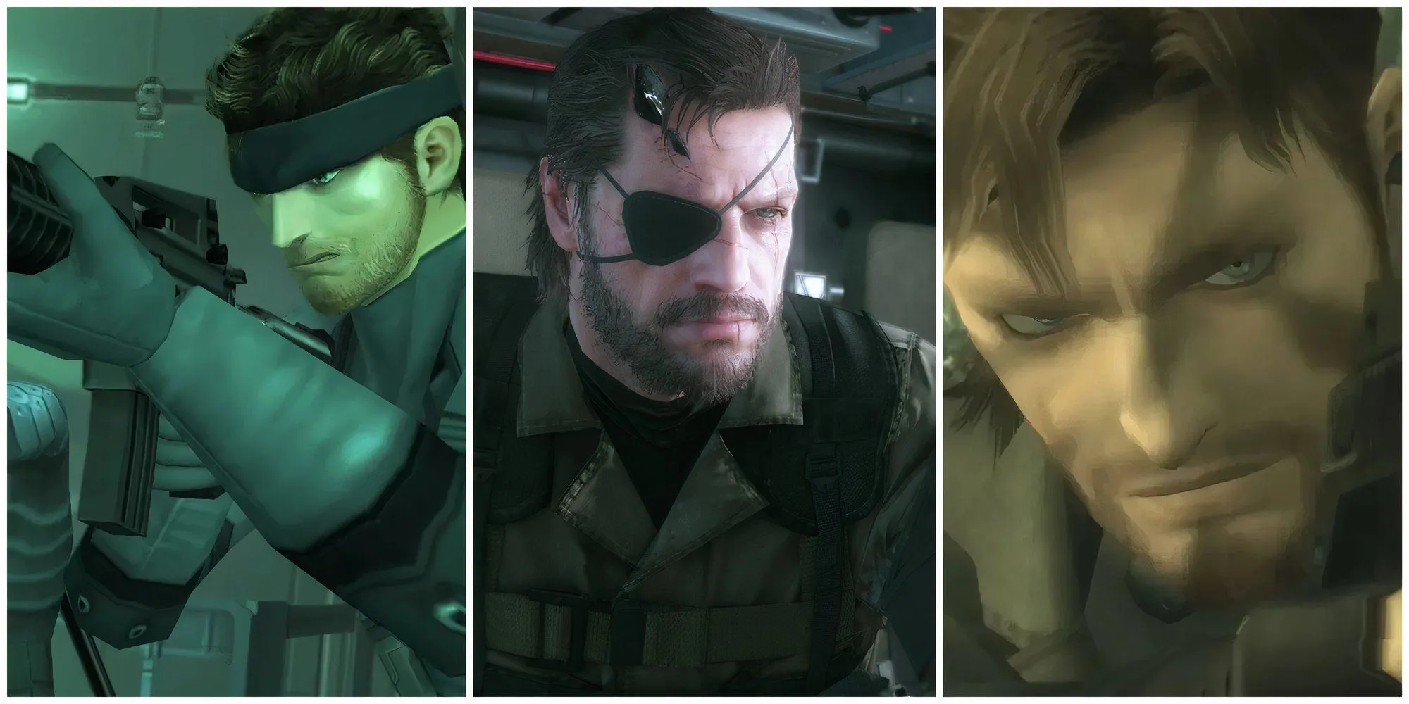 Các biểu tượng của Metal Gear Solid: Solid Snake, Venom Snake và Naked Snake.
