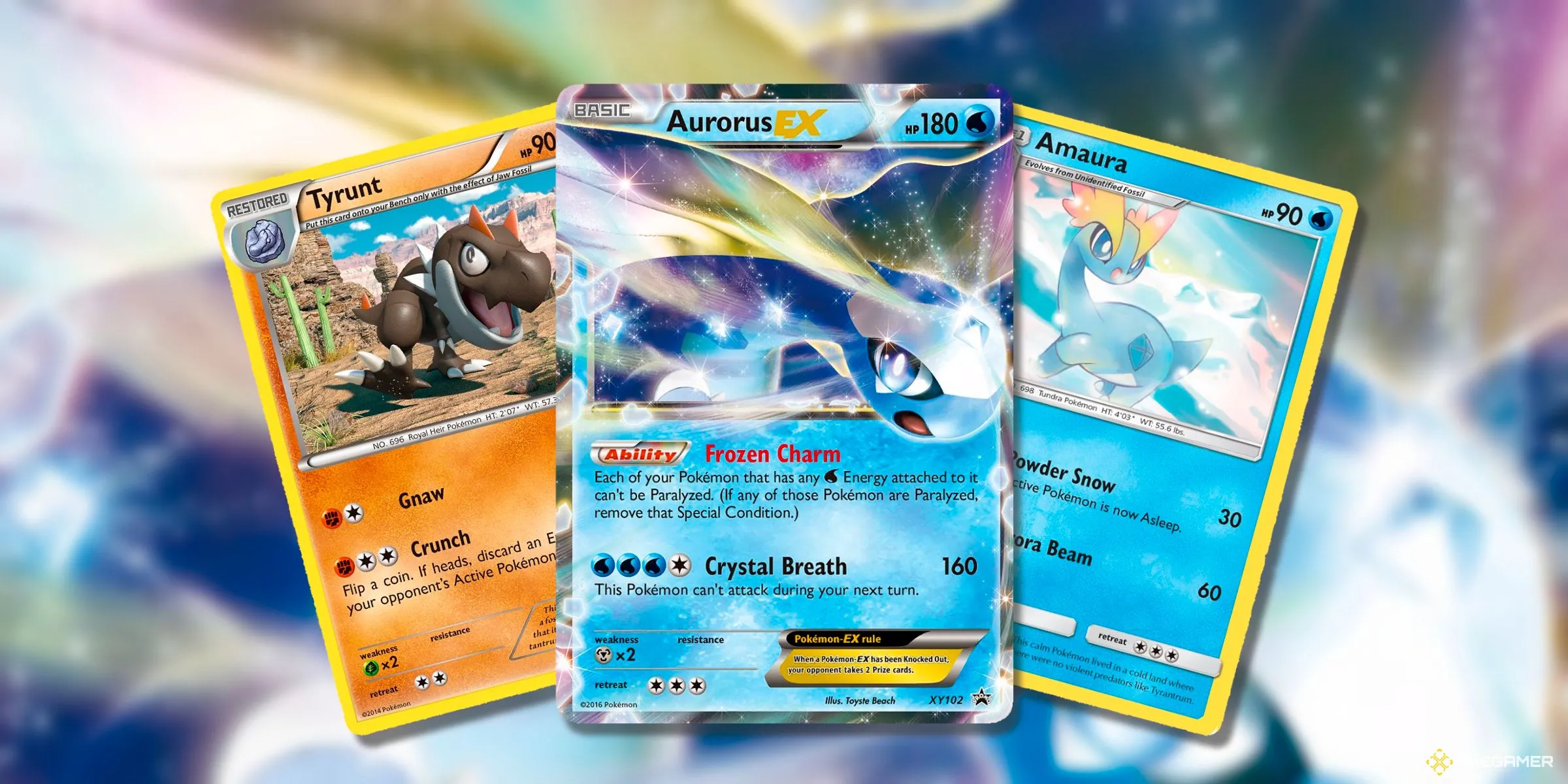 Các thẻ bài Tyrunt, Aurorus EX và Amaura trên các thẻ bài Pokemon TCG, đại diện cho Hóa thạch Kalos ít được quan tâm.