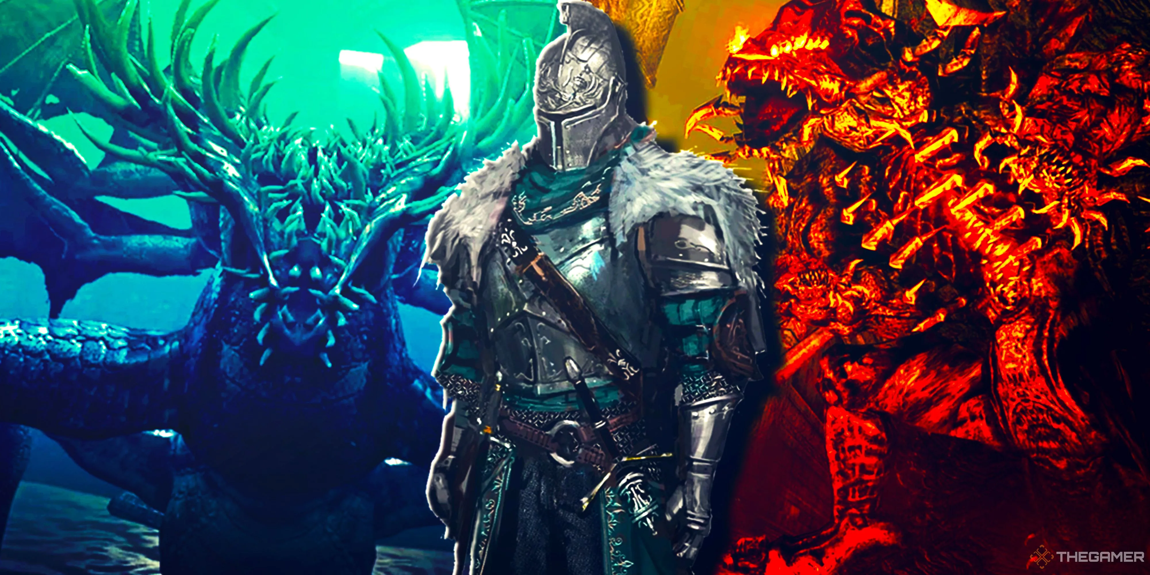 Cảnh ba con boss Gaping Dragon, Dark Souls 2 và Centipede Demon, biểu tượng của sự khó nhằn trong các game Soulslike và Elden Ring Nightreign.