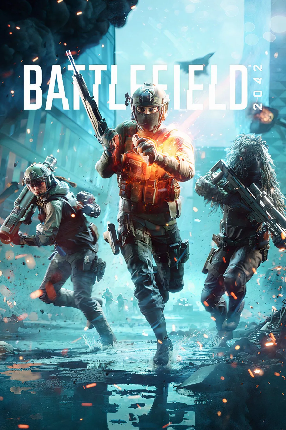 Cảnh chiến trường rộng lớn với nhiều phương tiện quân sự và binh lính trong Battlefield 2042, gợi ý về một cuộc chiến zombie toàn cầu.
