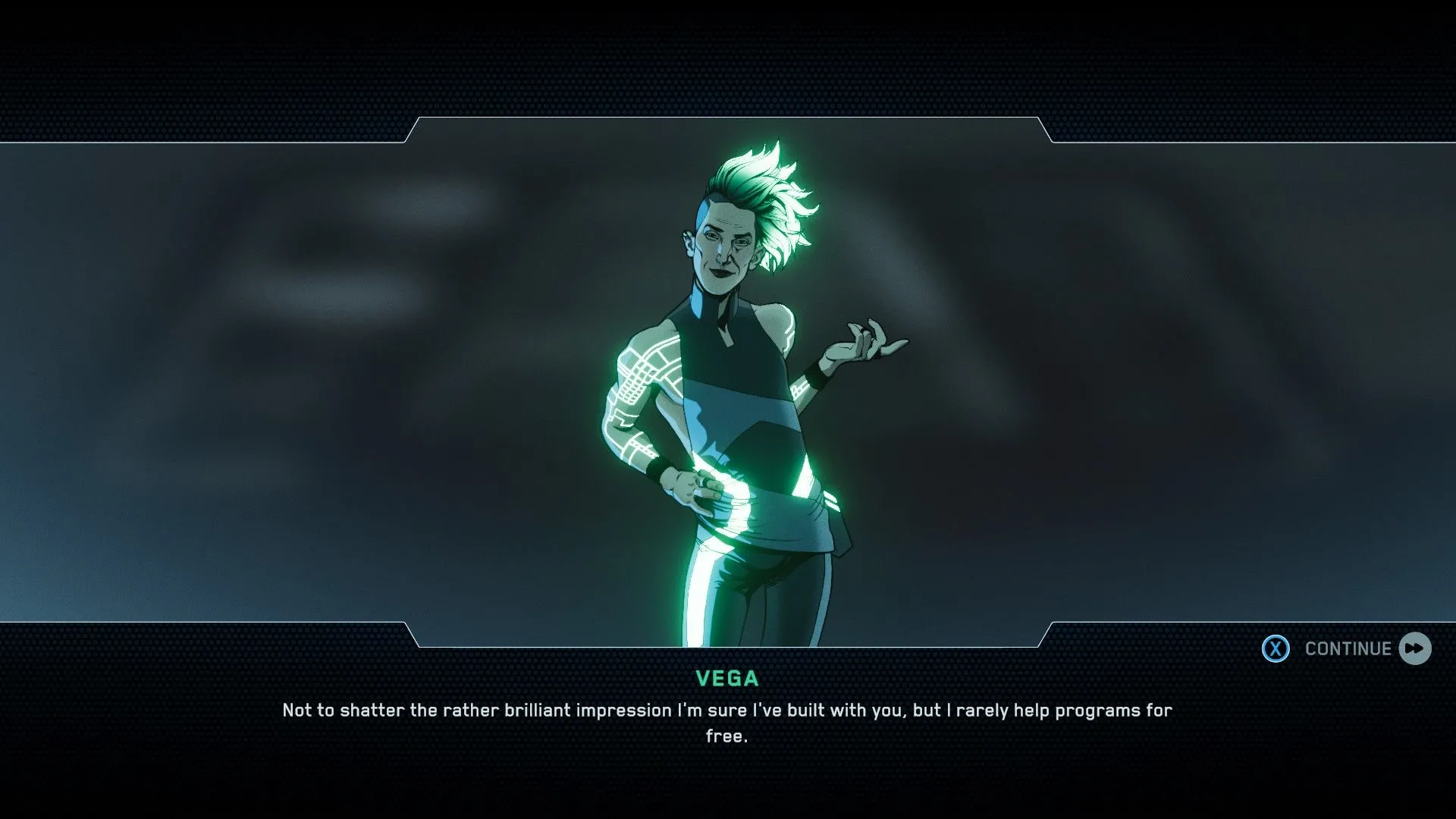 Cảnh quay ấn tượng của một nhân vật phụ hoặc NPC trong Tron Catalyst, làm nổi bật đồ họa game