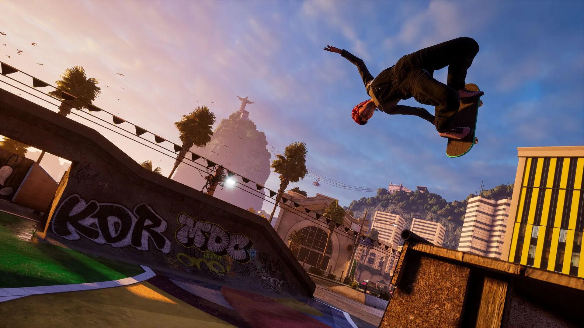 Cảnh quay toàn cảnh một màn chơi trong Tony Hawk's Pro Skater 3 + 4 với nhiều cấu trúc để trượt ván
