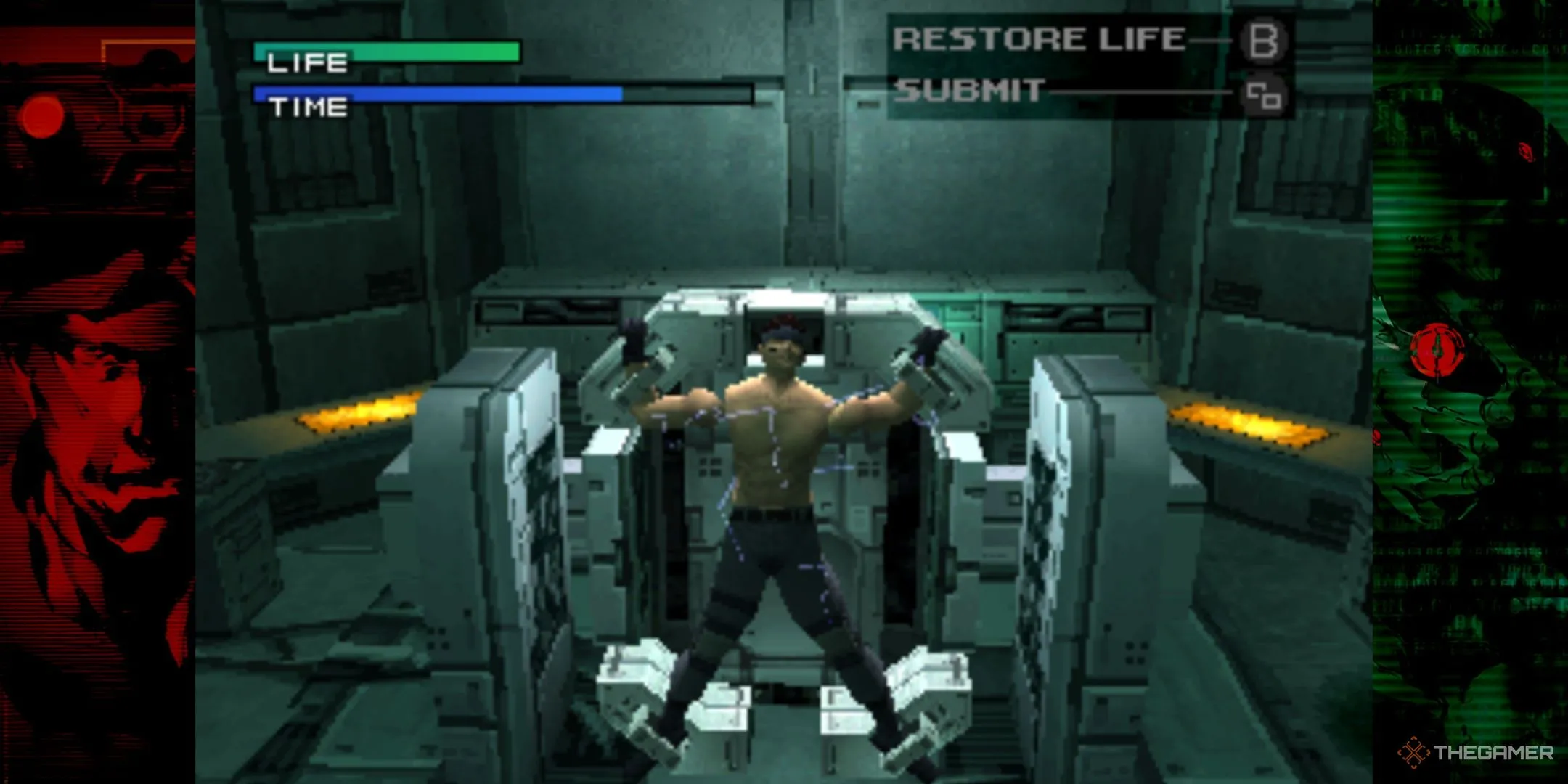 Cảnh Solid Snake bị tra tấn điện giật bởi Revolver Ocelot trong Metal Gear Solid 1, một thử thách bấm nút kinh điển.