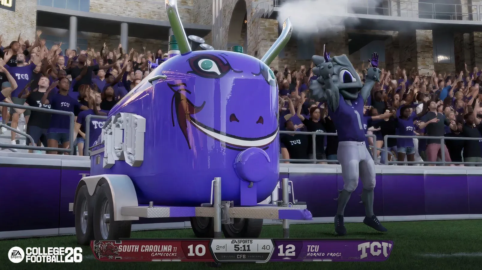 Cầu thủ chạy trên sân trong College Football 26, thể hiện tốc độ và sự linh hoạt trong gameplay.