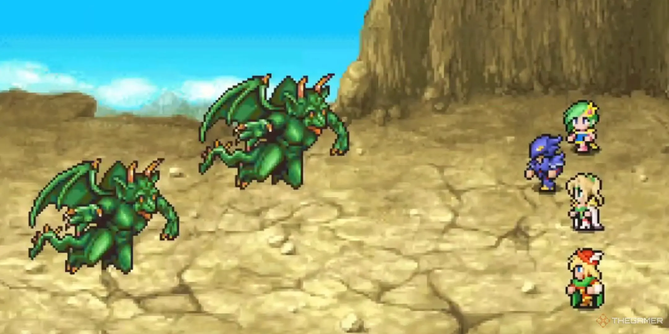 Cecil và đội hình chiến đấu với quái vật trên bầu trời trong Final Fantasy 4, game JRPG tiên phong với hệ thống ATB.
