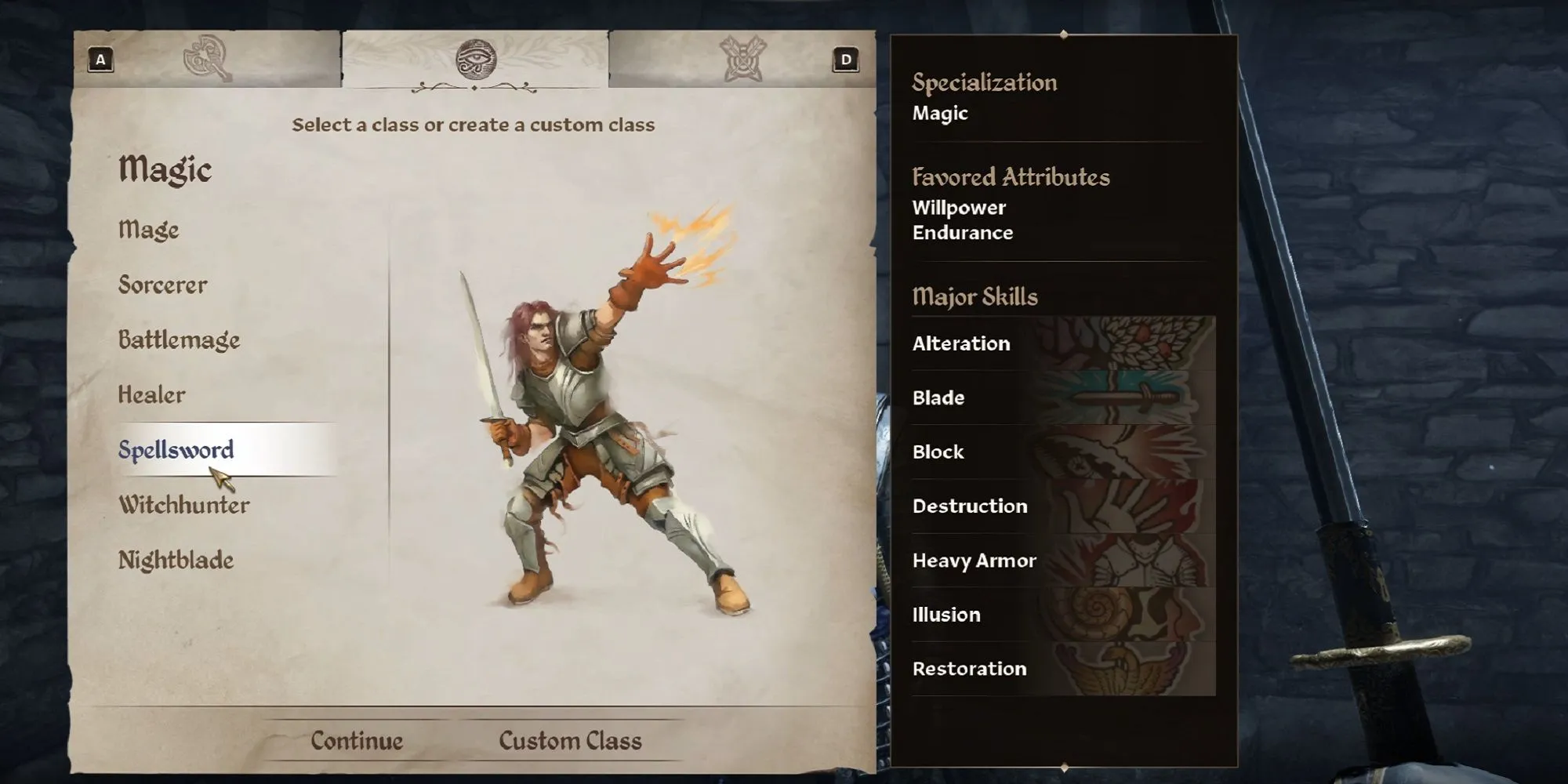 Chiến binh pháp sư Spellsword sử dụng phép thuật và vũ khí cận chiến trong Oblivion Remastered
