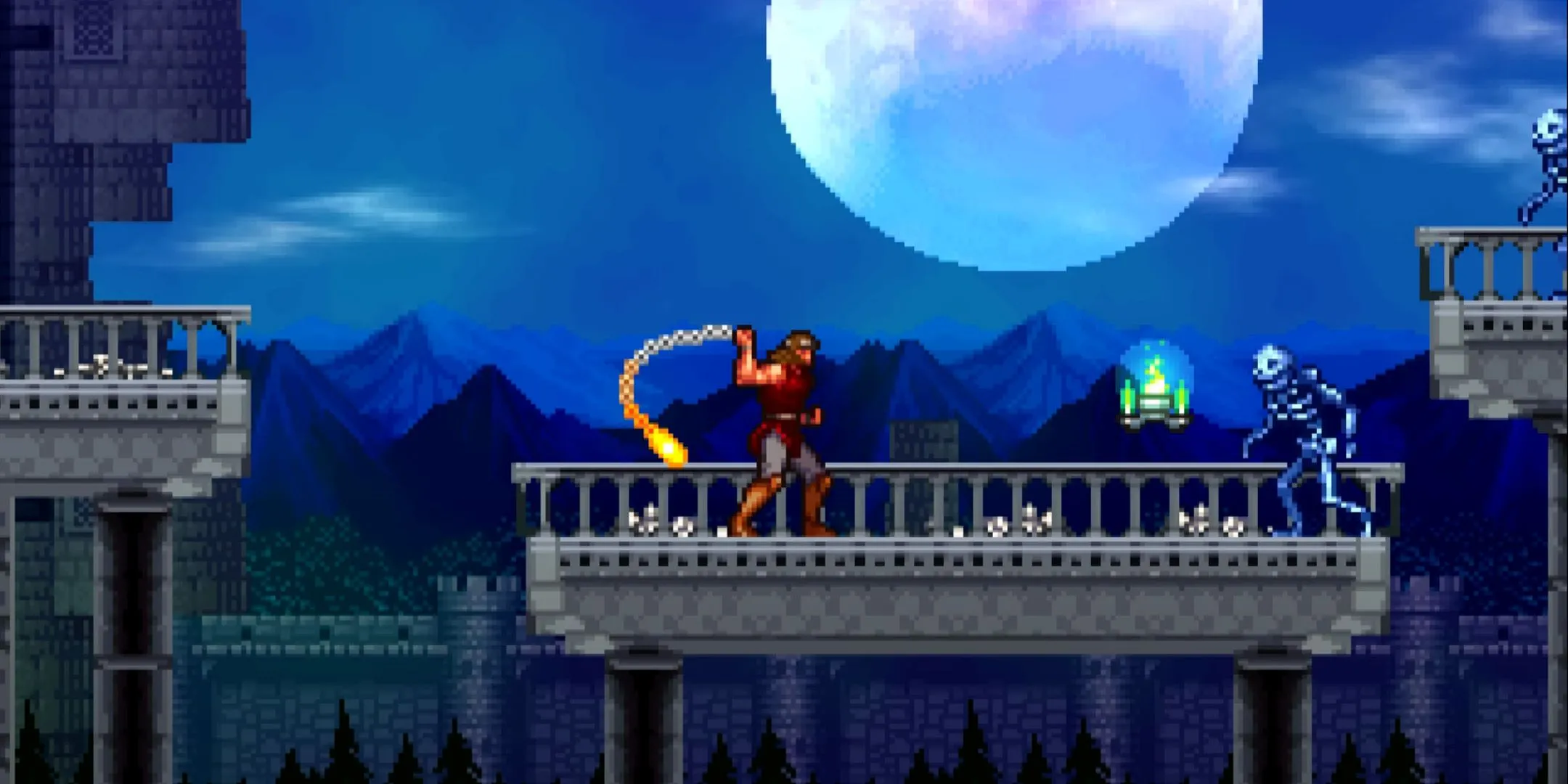Christopher Belmont vung roi đánh bộ xương dưới ánh trăng tròn trong Castlevania: The Adventure ReBirth, tái hiện khung cảnh chiến đấu đặc trưng của series.