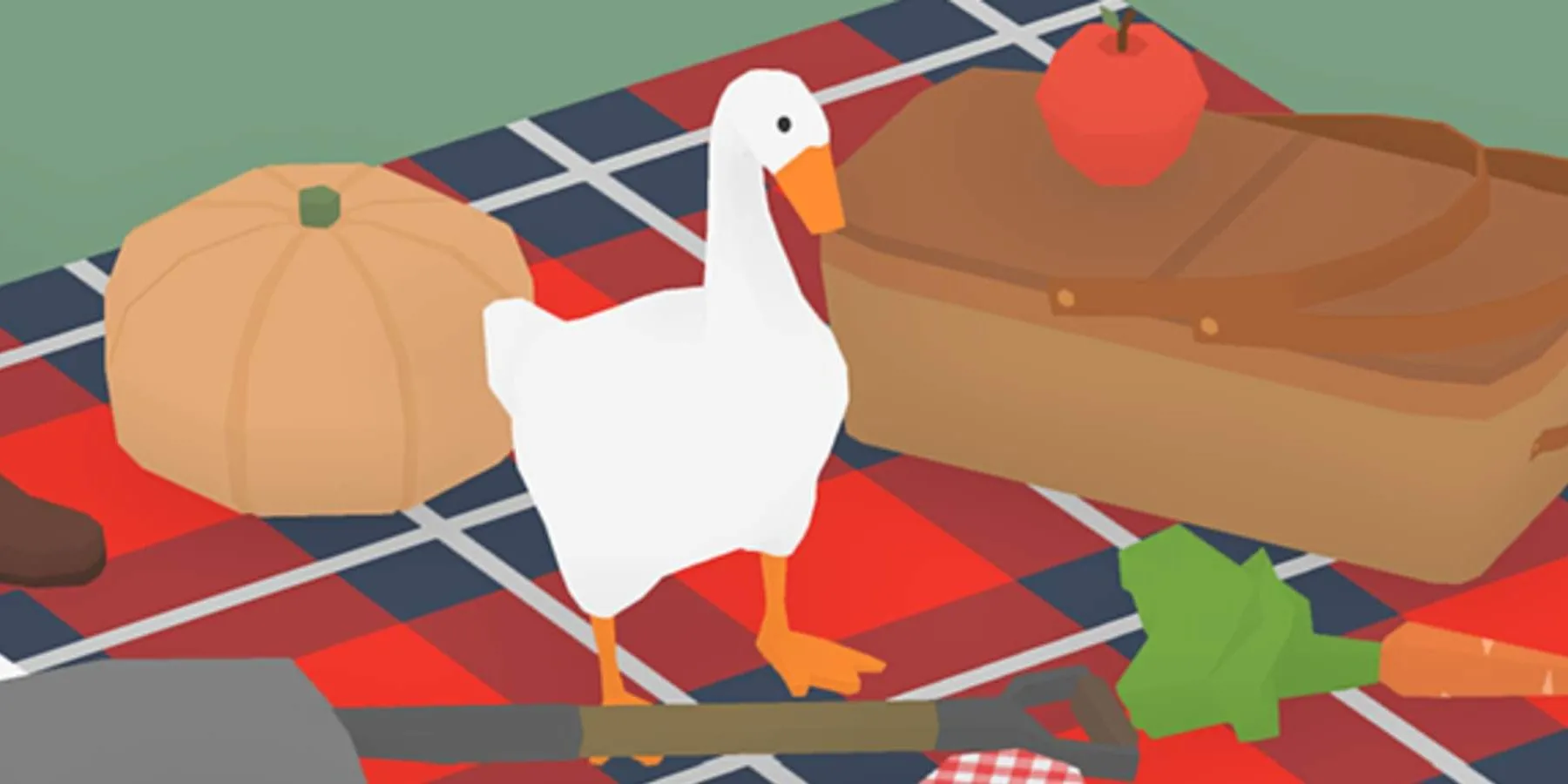Con ngỗng nghịch ngợm từ Untitled Goose Game đang mang theo một chiếc giỏ dã ngoại, gây ra sự hỗn loạn trong khu vườn.