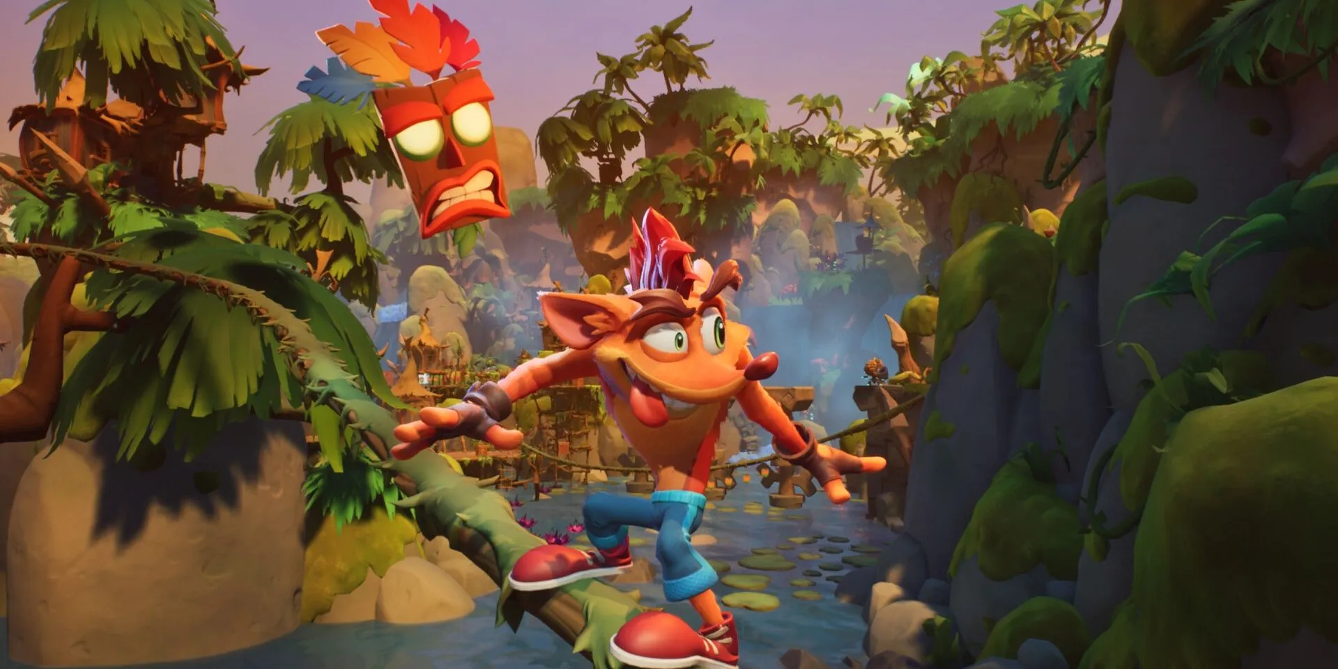 Crash Bandicoot trượt trên dây leo trong Crash Bandicoot 4