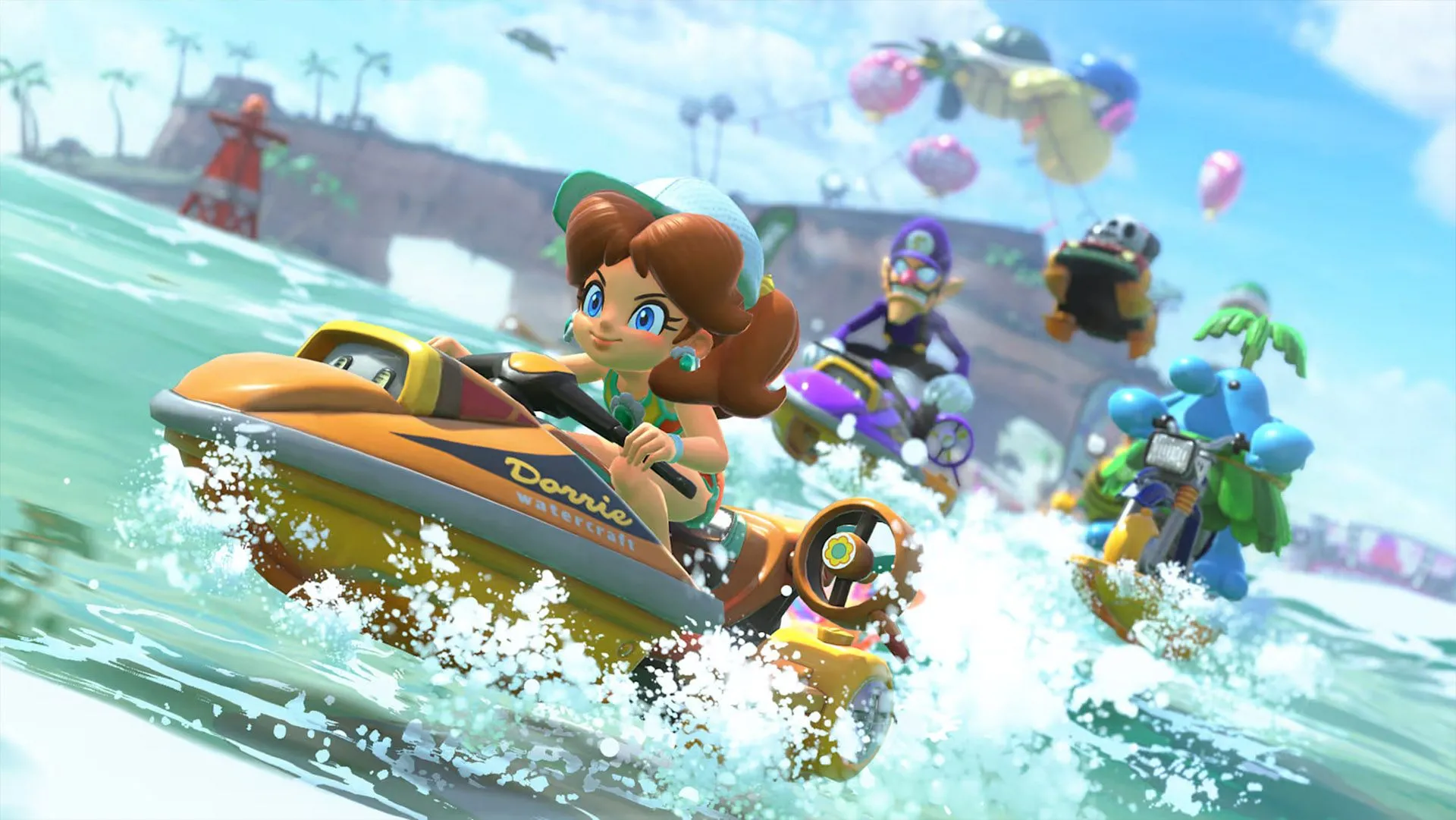 Daisy lướt sóng cùng phương tiện Sea-Doo trong một chế độ chơi đa dạng của Mario Kart World