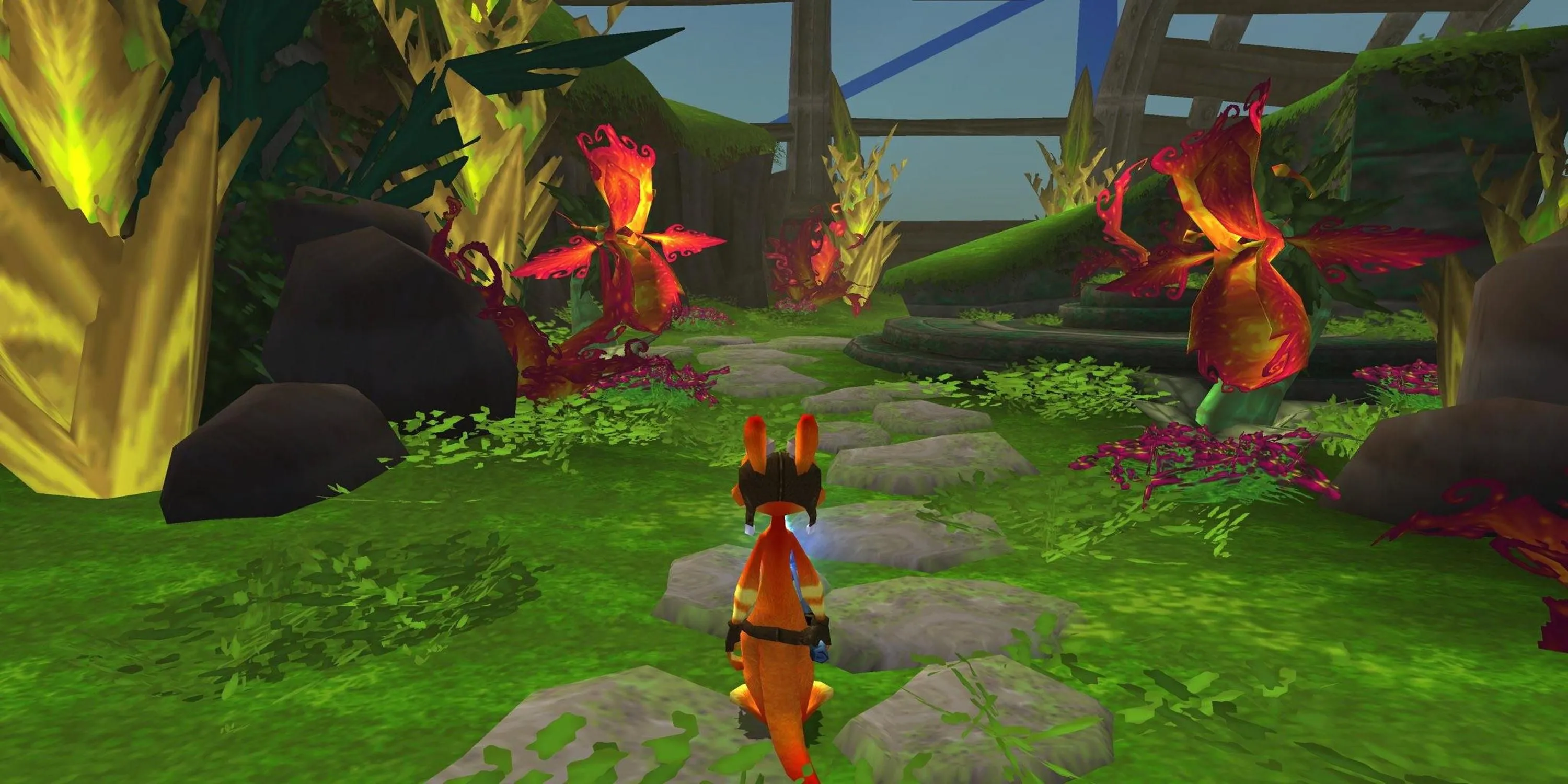 Daxter, chú chồn tinh nghịch, đứng trên đường đá giữa khung cảnh tươi tốt trong game Daxter, minh họa đồ họa sống động của tựa platformer PSP