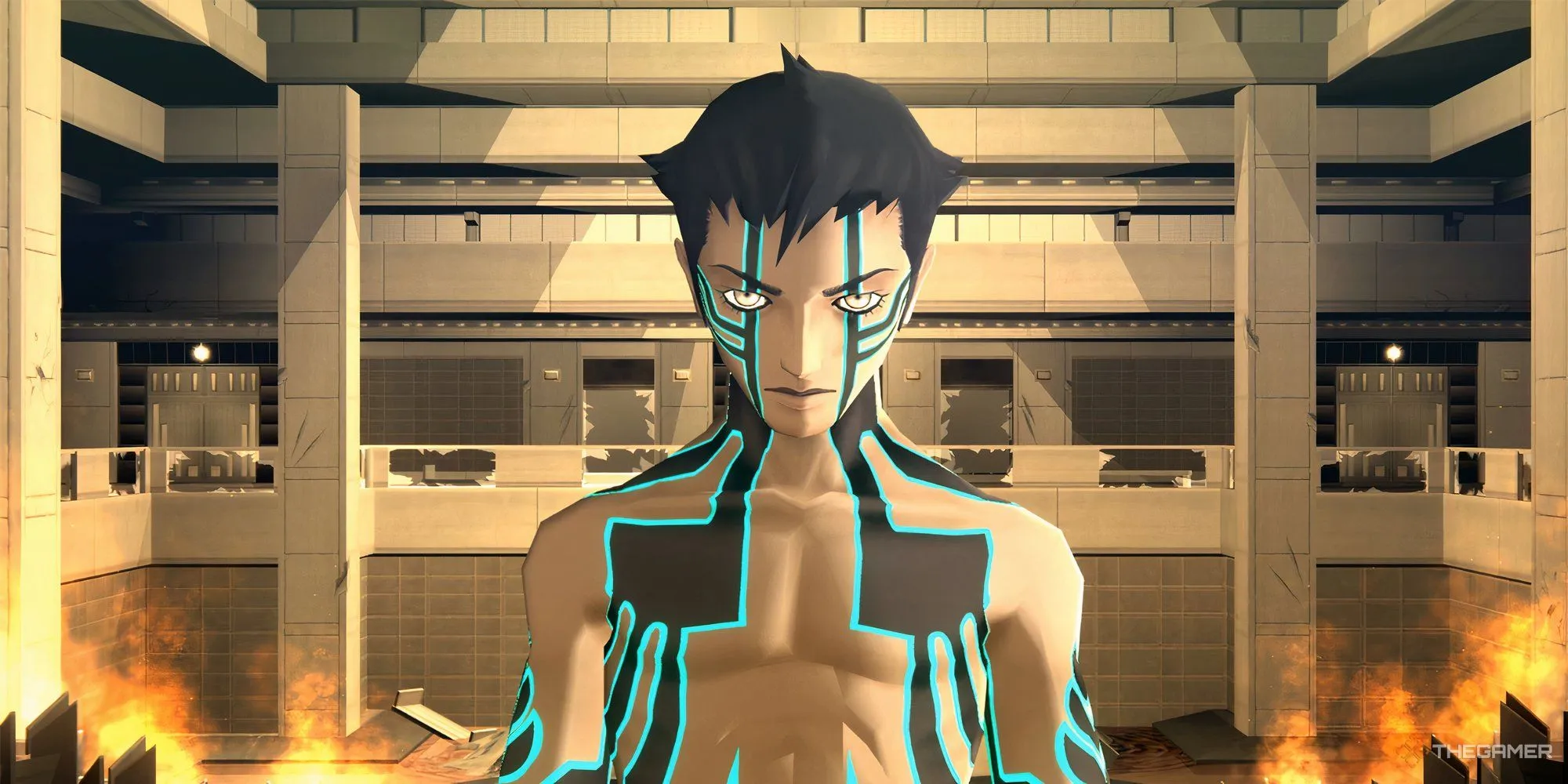 Demifiend ở Ikebukuro nhìn thẳng vào camera trong Shin Megami Tensei III: Nocturne, tái hiện hình ảnh biểu tượng của game.