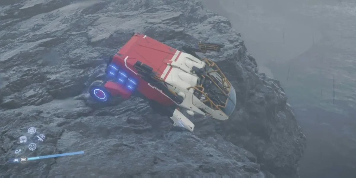 Địa hình hiểm trở và vùng nguy hiểm BT ở F3 Crater trong Death Stranding 2, nơi ẩn chứa trophy The Scars Left by the Giants