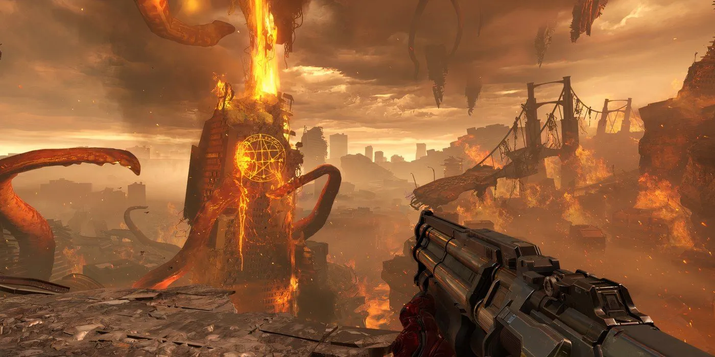DOOM-Eternal-The-Doom-Slayer nhìn thành phố đổ nát trên Trái Đất