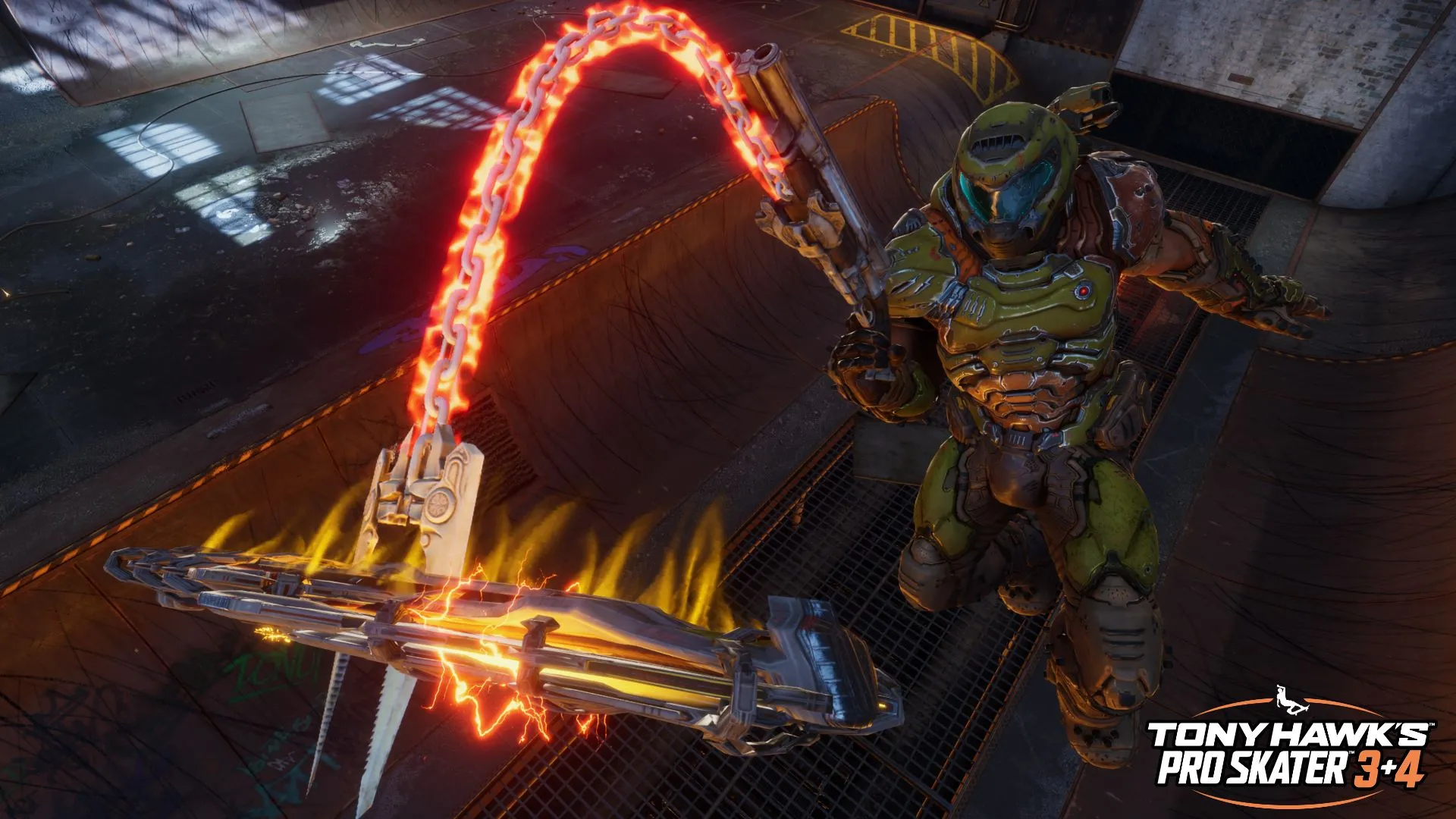 Doom Slayer đang thực hiện động tác trượt ván đỉnh cao trong map Foundry của Tony Hawk's Pro Skater 3 + 4 Remaster, cho thấy sự kết hợp độc đáo trong game