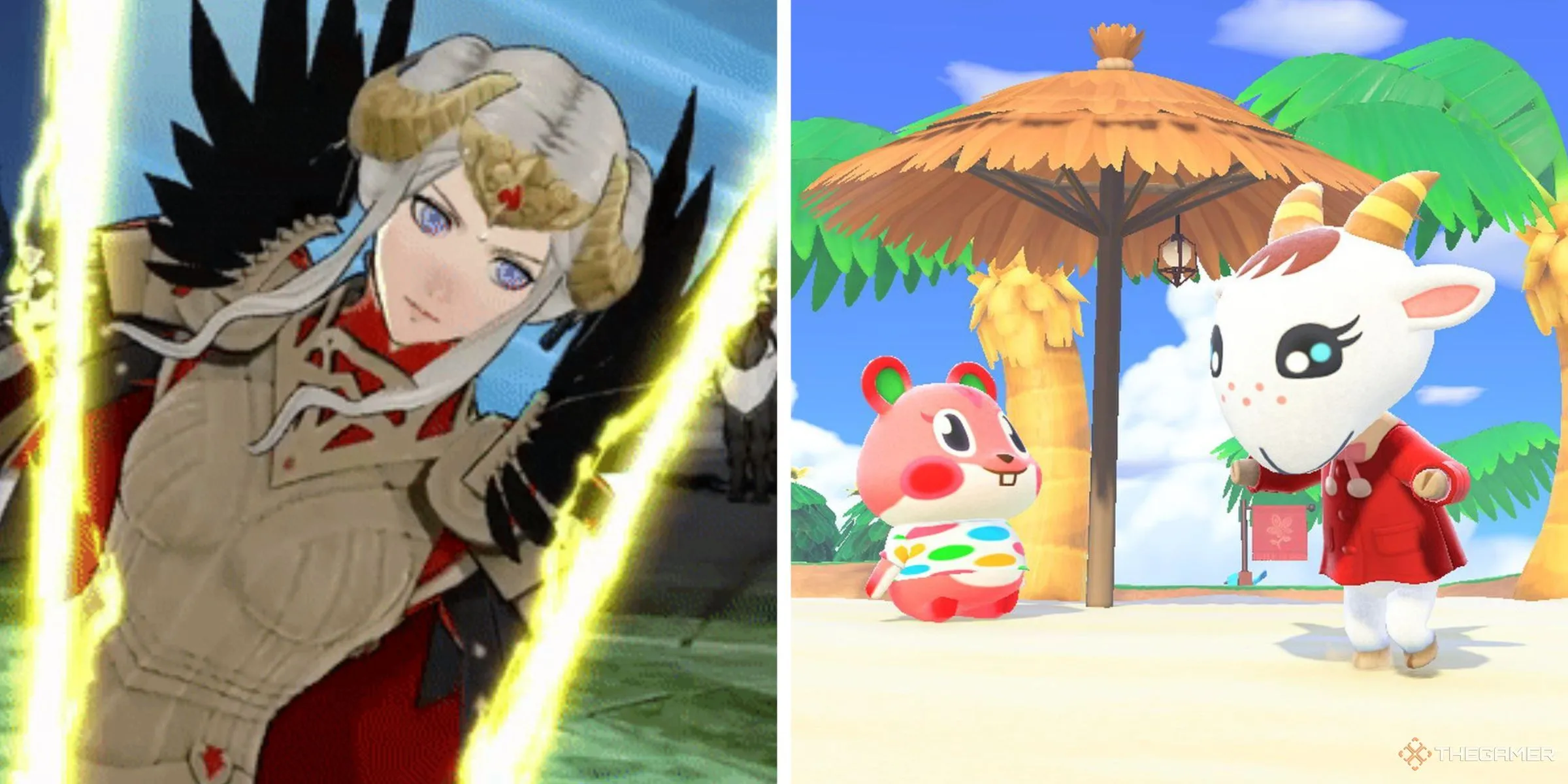 Edelgard tung đòn chí mạng trong Fire Emblem: Three Houses và cư dân làng thư giãn trong Animal Crossing, thể hiện sự khác biệt giữa các mức độ khó.