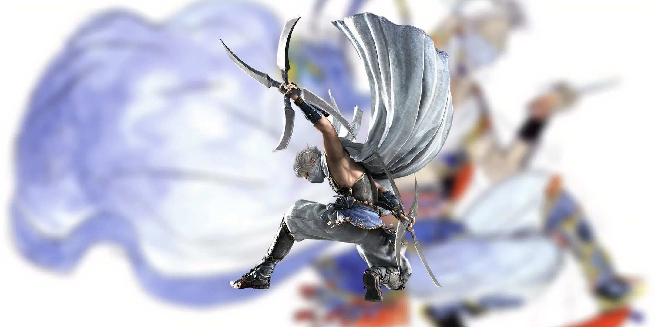 Edge Geraldine faces his back toward the camera while holding two large shuriken as the ninja class from Final Fantasy 4.
