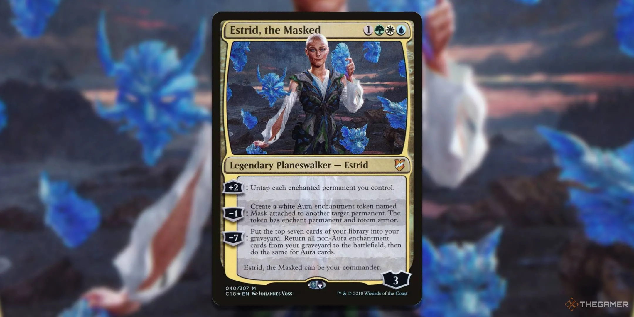 Estrid, the Masked, planeswalker chỉ huy của bộ bài Adaptive Enchantment, bộ precon Bant mạnh nhất về chủ đề Enchantment trong MTG.