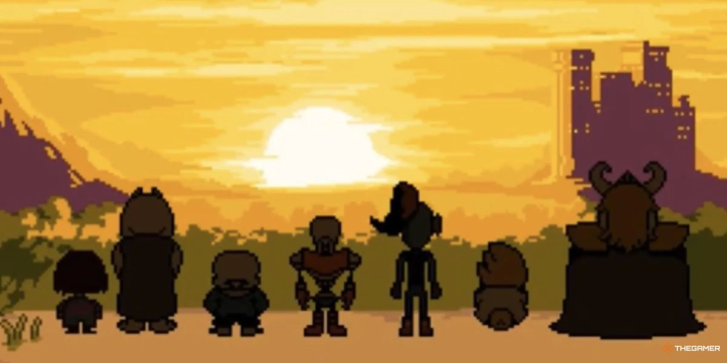 Frisk, Toriel, Sans, Papyrus, Undyne, Alphys và Asgore ngắm hoàng hôn vào cuối game Undertale.