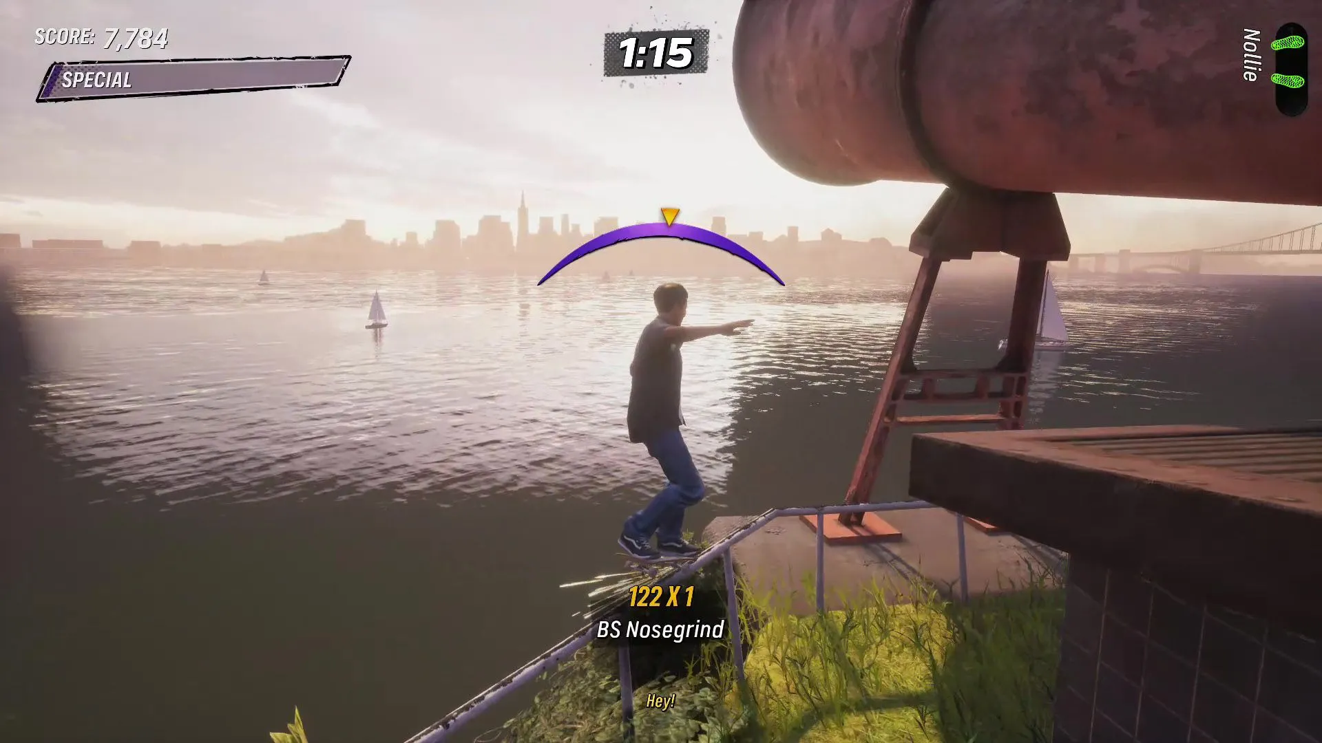 Game thủ thực hiện Nosegrind trên thanh vịn gần Còi Sương Mù trong Tony Hawk's Pro Skater 3 + 4 tại Alcatraz