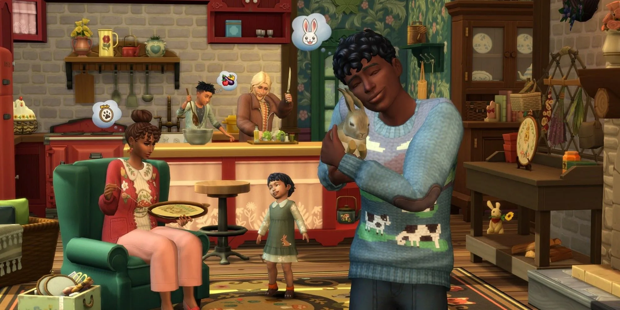 Gia đình Sim cùng nấu ăn với thú cưng và thỏ, thể hiện cuộc sống nông thôn trong The Sims 4 Cottage Living.