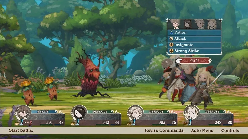 Giao diện chiến đấu của Bravely Default Flying Fairy HD Remaster hiển thị hệ thống Brave và Default