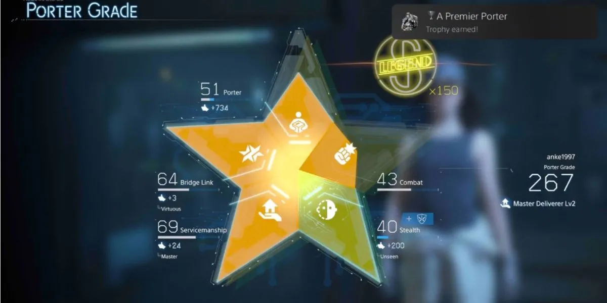 Giao diện Porter Grade hiển thị các chỉ số Combat, Stealth, Servicemanship, Bridge Link và Standard Porter để đạt trophy A Premier Porter trong Death Stranding 2