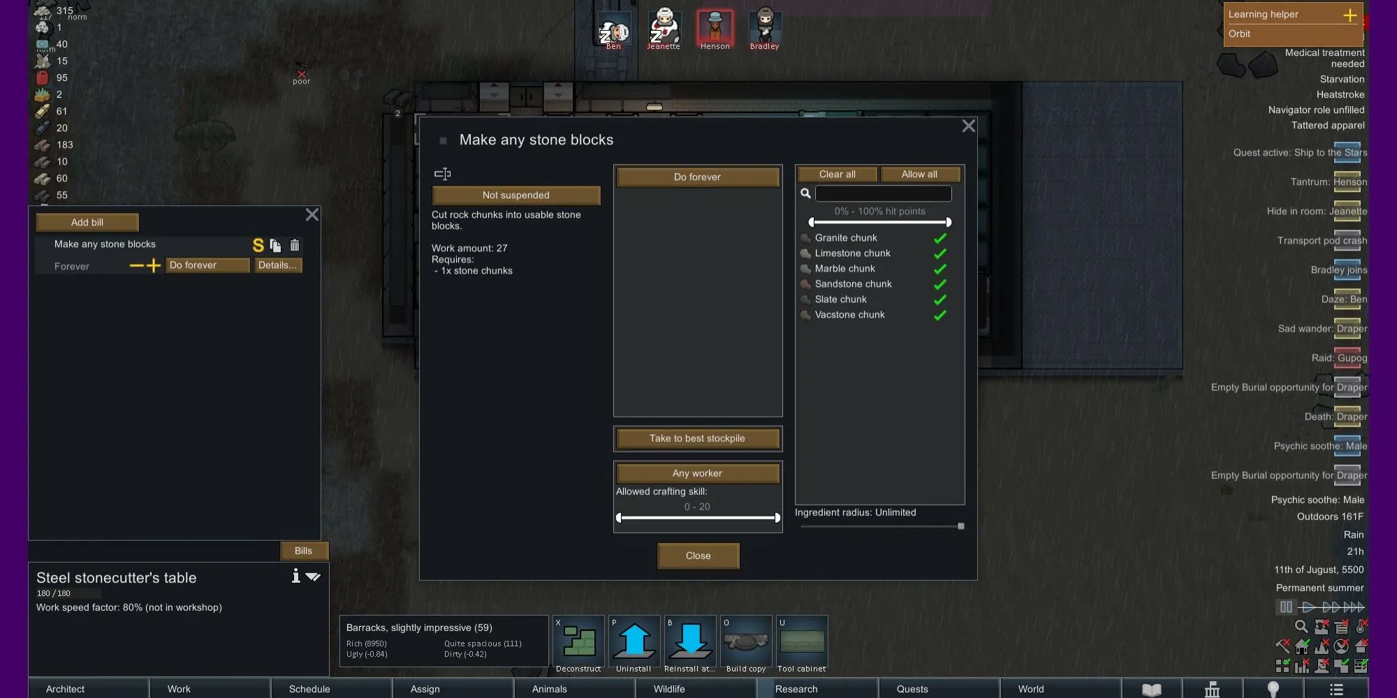 Giao diện tùy chọn chế tác khối đá tại xưởng cắt đá trong RimWorld Odyssey, minh họa sự đa dạng của vật liệu xây dựng.