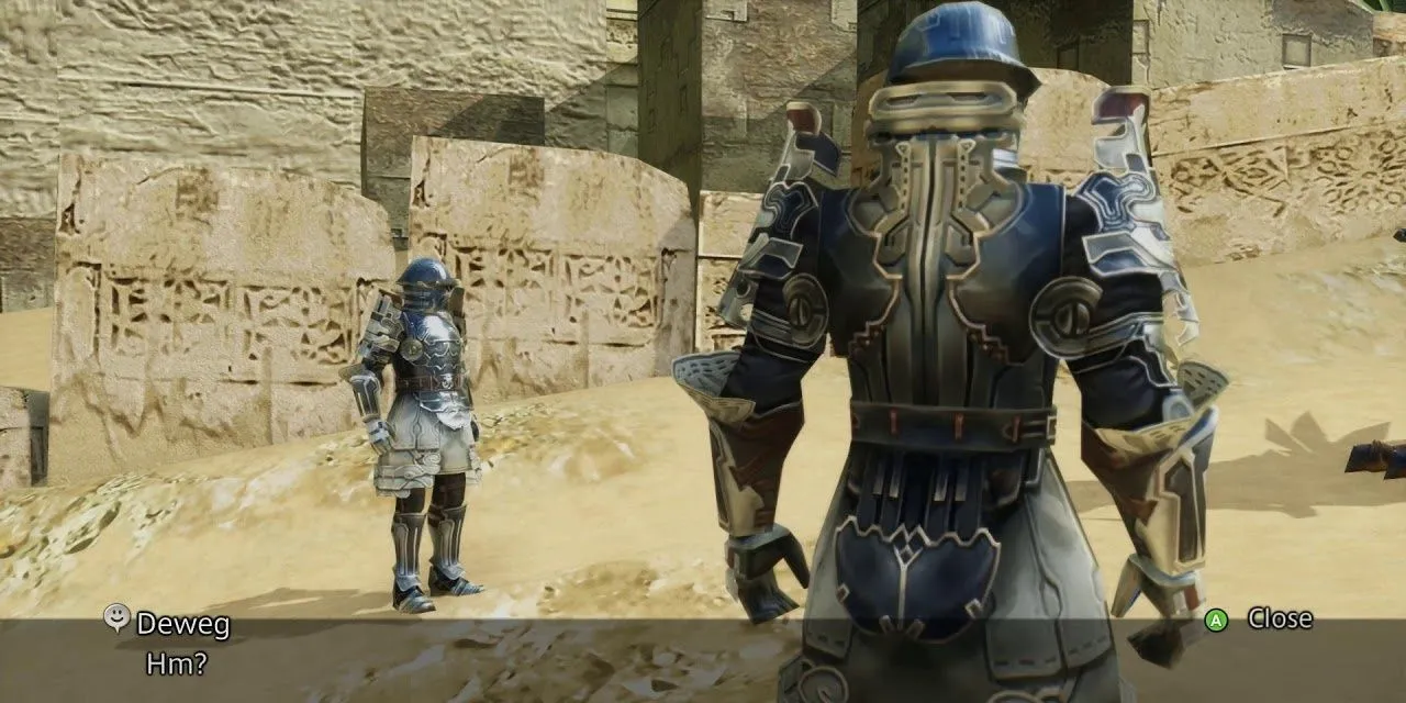 Hai binh lính Gibbs và Deweg của Đế chế Archades án ngữ tại Pháo đài Nalbina, gợi nhắc cặp đôi Biggs và Wedge trong Final Fantasy XII.