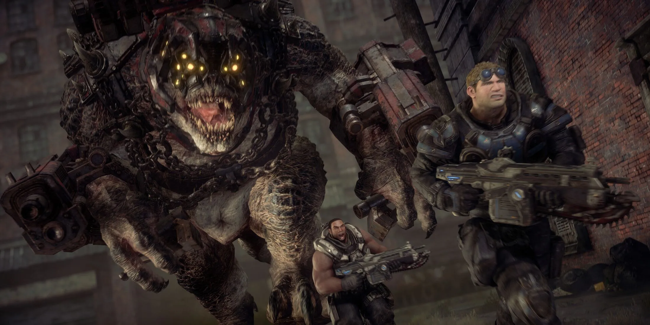 Hai nhân vật Baird và Cole chạy trốn khỏi hiểm nguy trong một phân cảnh của Gears of War Reloaded