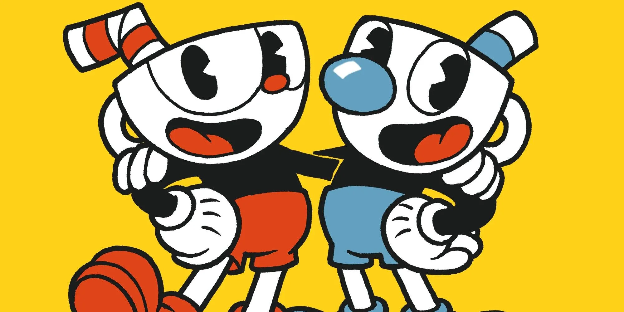 Hai nhân vật Cuphead và Mugman thân thiết bên nhau trong một bức ảnh nghệ thuật đầy màu sắc, thể hiện phong cách hoạt hình cổ điển độc đáo của game.