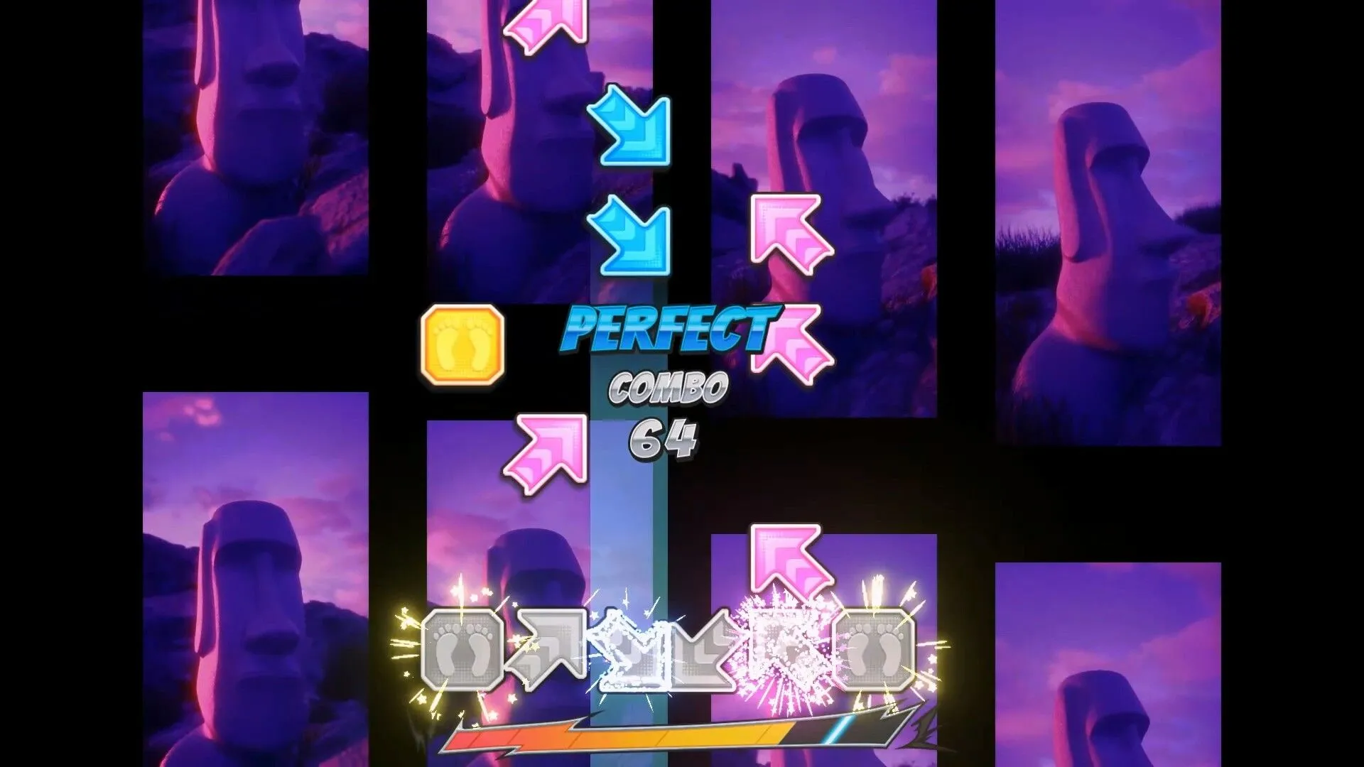 Hình ảnh gameplay Pump It Up Rise trên PC, hiển thị các nốt nhạc mũi tên đang di chuyển, cho thấy cơ chế chơi của phiên bản Steam Early Access